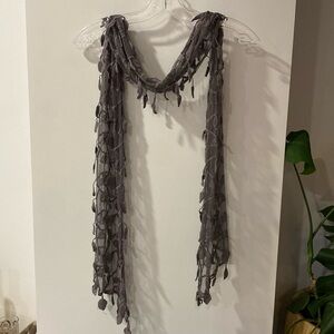 SHEER mesh net tulle scarf wrap embroidery crochet embellished grey gray leaves